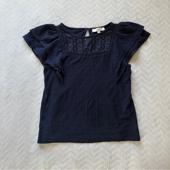 Loft Eyelet‎ Puff Shoulder Blouse Navy Blue Size L Petite - Picture 2 of 9